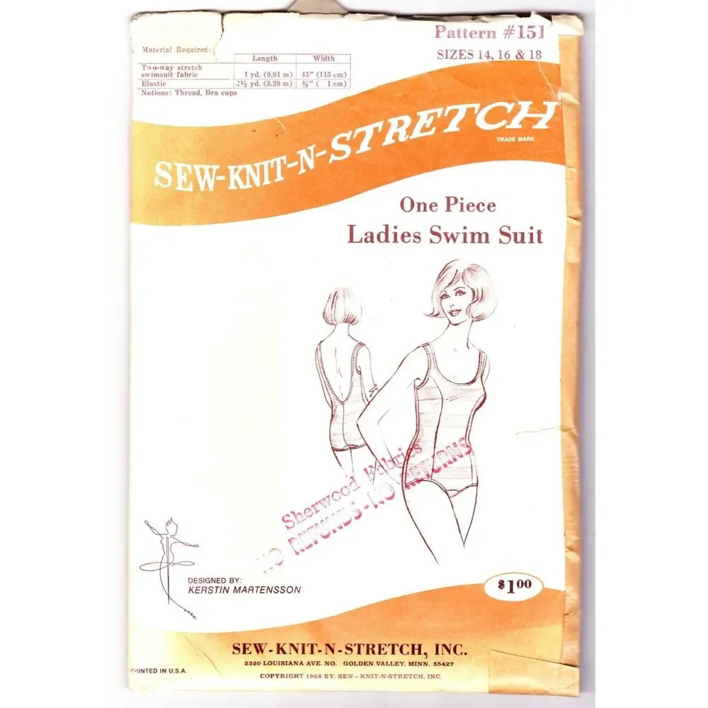 Ladies One Piece Swimsuit Pattern 151 Sew Knit N Stretch 1968 Womens Uncut